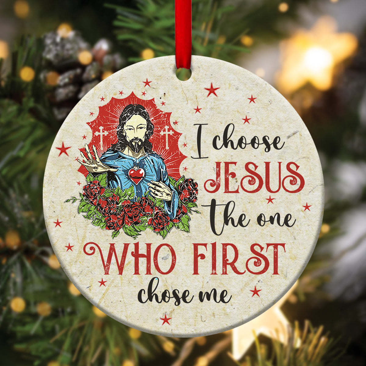 Christian Ceramic Circle Ornament - I Choose Jesus The One Who First Chose Me - Christian Hanging Gift