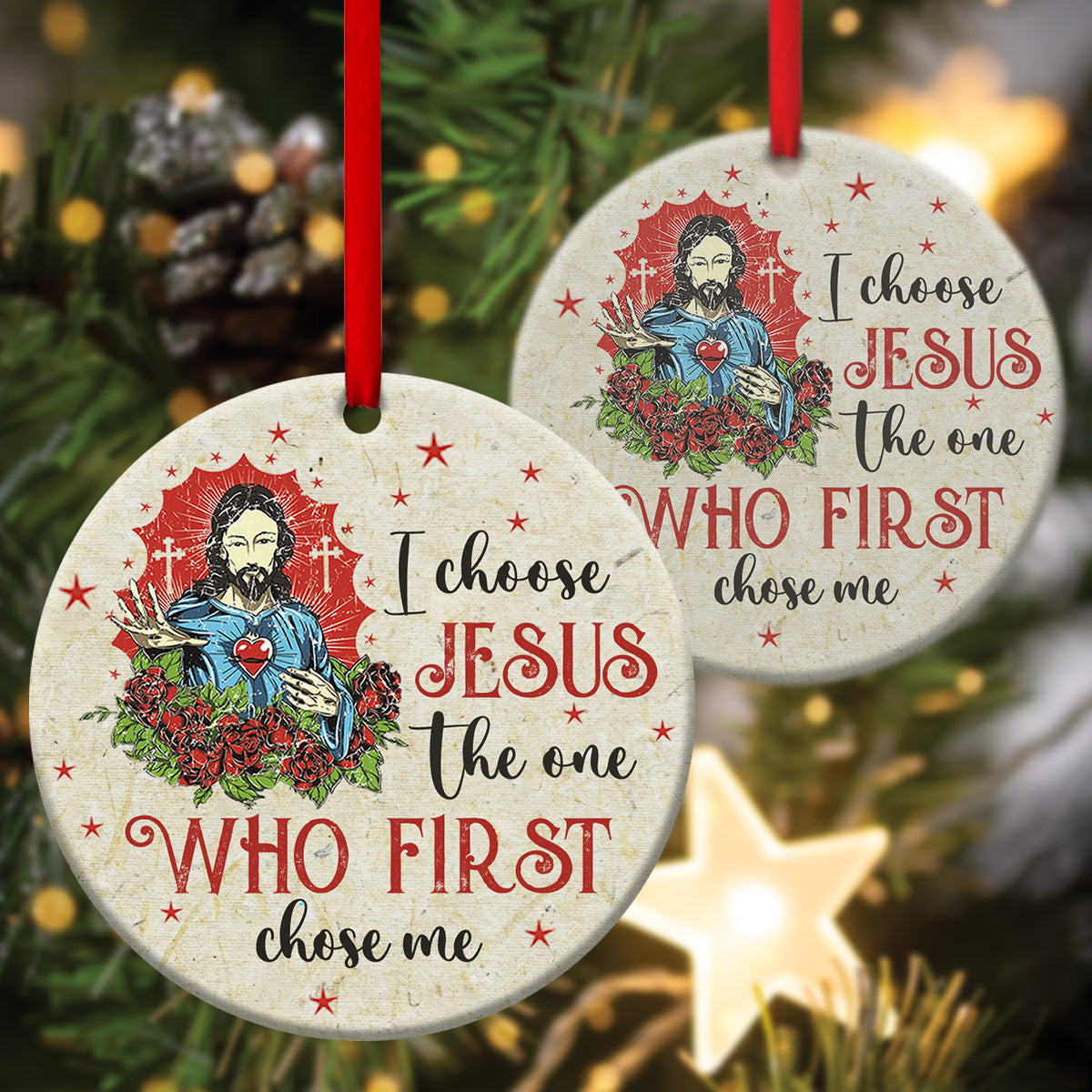 Christian Ceramic Circle Ornament - I Choose Jesus The One Who First Chose Me - Christian Hanging Gift