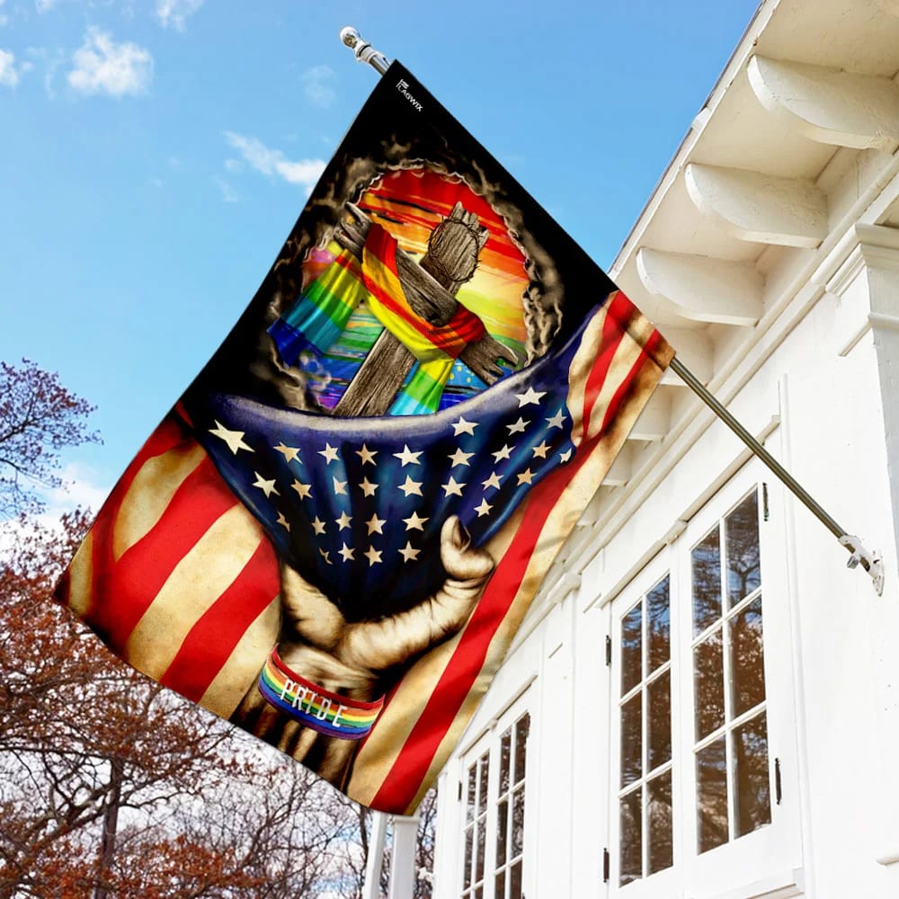 Christian Cross In LGBT Pride Flag - Outdoor Christian House Flag - Christian Garden Flags