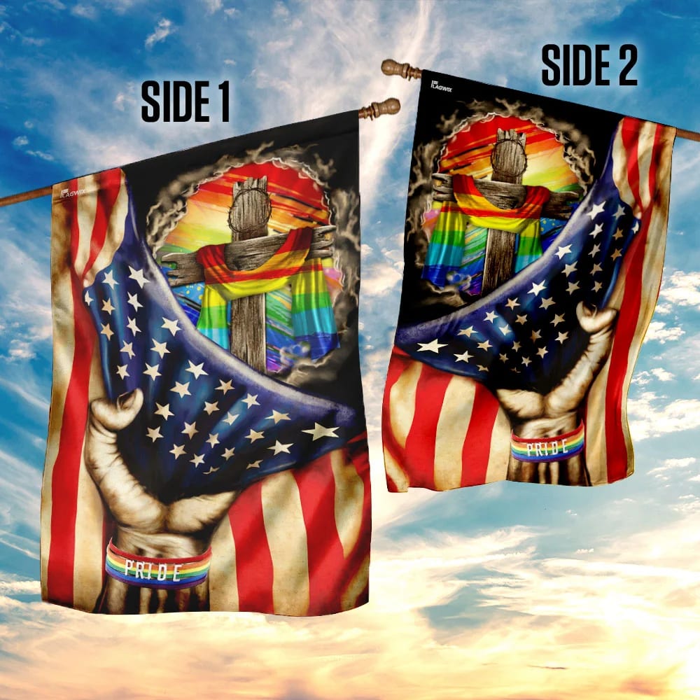 Christian Cross In LGBT Pride Flag - Outdoor Christian House Flag - Christian Garden Flags