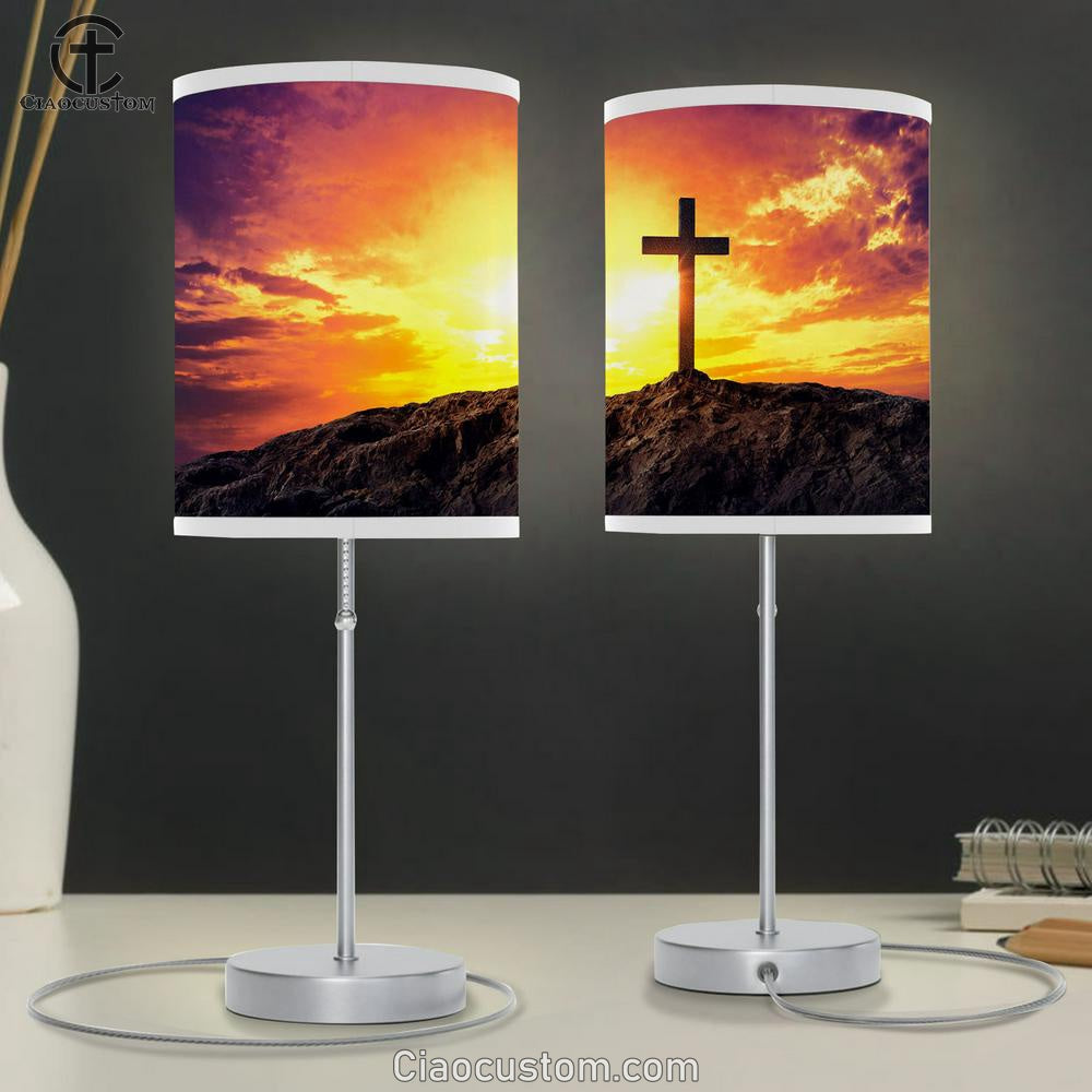 Christian Cross On Mountain Table Lamp Pictures - Faith Art - Christian Table Lamp For Bedroom Decor