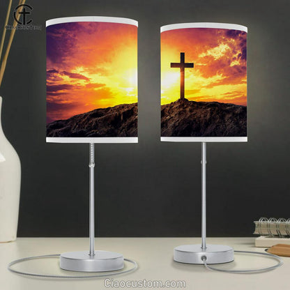 Christian Cross On Mountain Table Lamp Pictures - Faith Art - Christian Table Lamp For Bedroom Decor