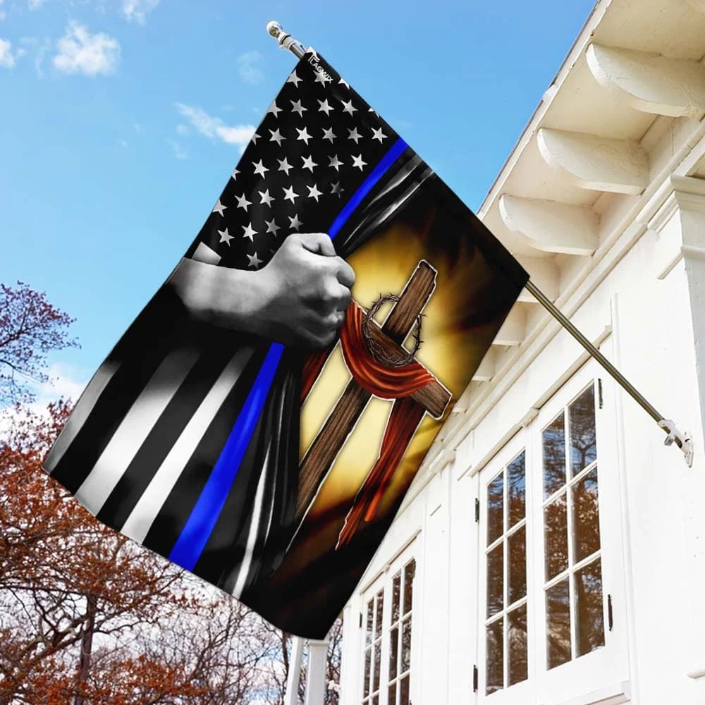 Christian Cross Thin Blue Line House Flags - Christian Garden Flags - Outdoor Christian Flag