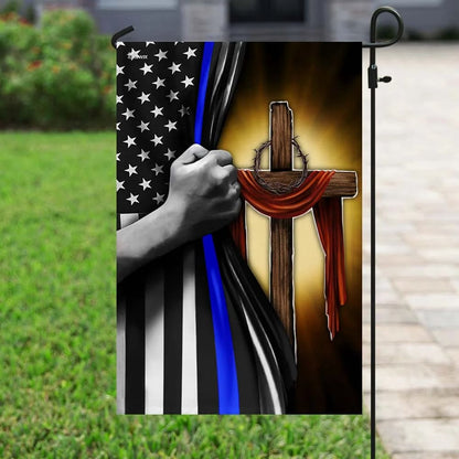 Christian Cross Thin Blue Line House Flags - Christian Garden Flags - Outdoor Christian Flag