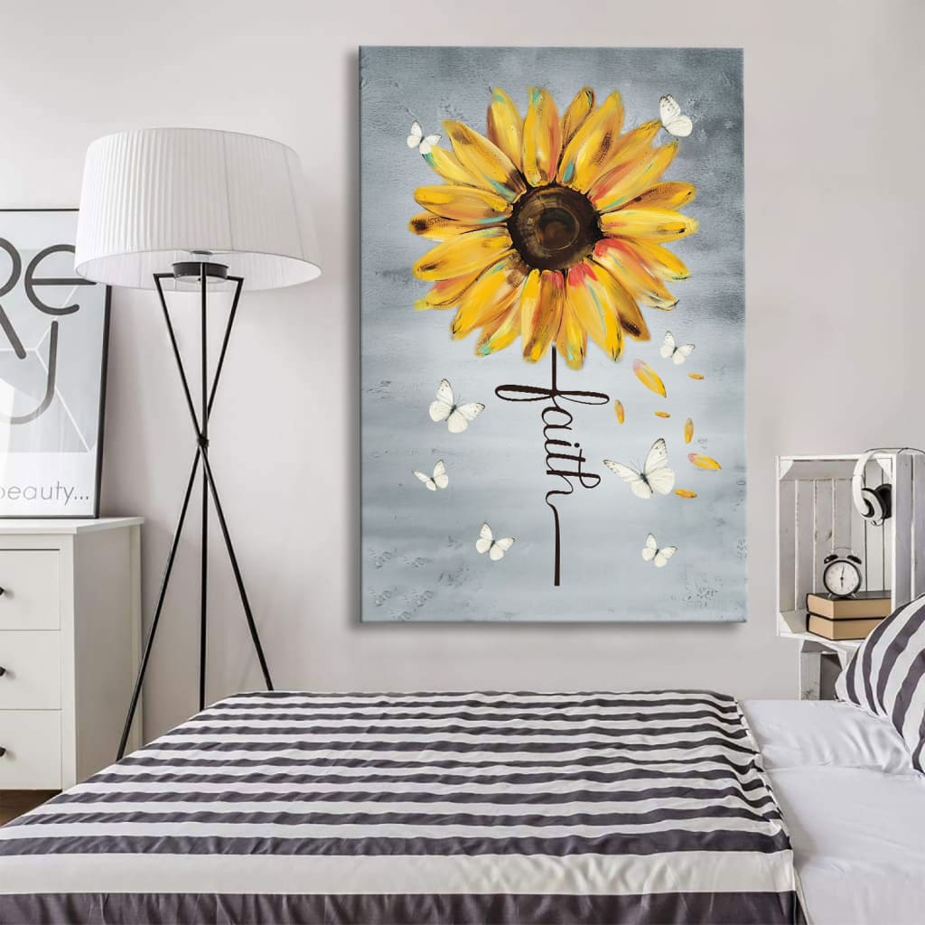 Christian Faith Cross Butterfly Sunflower Canvas Art - Bible Verse Canvas - Scripture Wall Art