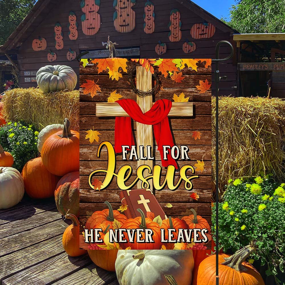 Christian Fall For Jesus He Never Leaves Thanksgiving Halloween Pumpkins Fall Flag