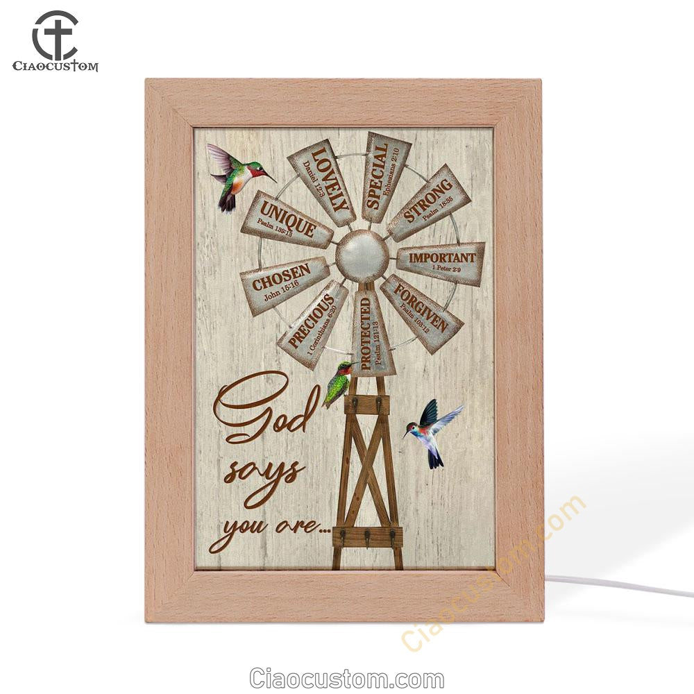 Christian Farmhouse Windmill God Says You Are Frame Lamp Prints - Bible Verse Wooden Lamp - Scripture Night Light