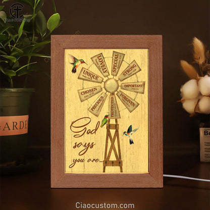 Christian Farmhouse Windmill God Says You Are Frame Lamp Prints - Bible Verse Wooden Lamp - Scripture Night Light