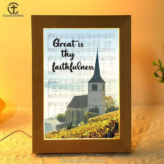 Christian Great Is Thy Faithfulness Chapel Christian Frame Lamp Prints - Bible Verse Wooden Lamp - Scripture Night Light