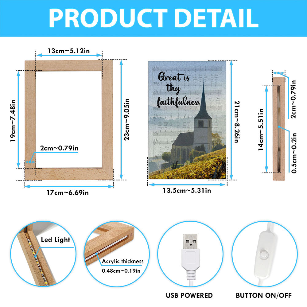 Christian Great Is Thy Faithfulness Chapel Christian Frame Lamp Prints - Bible Verse Wooden Lamp - Scripture Night Light