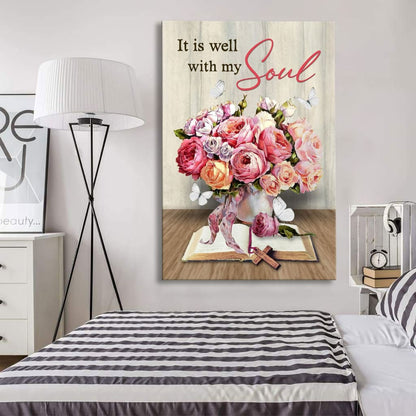 Christian It Is Well With My Soul Roses With Old Bible Book Canvas Art - Bible Verse Canvas - Scripture Wall Art
