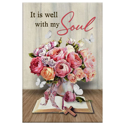 Christian It Is Well With My Soul Roses With Old Bible Book Canvas Art - Bible Verse Canvas - Scripture Wall Art