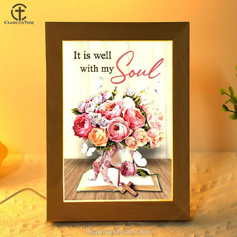 Christian It Is Well With My Soul Roses With Old Bible Book Frame Lamp Prints - Bible Verse Wooden Lamp - Scripture Night Light