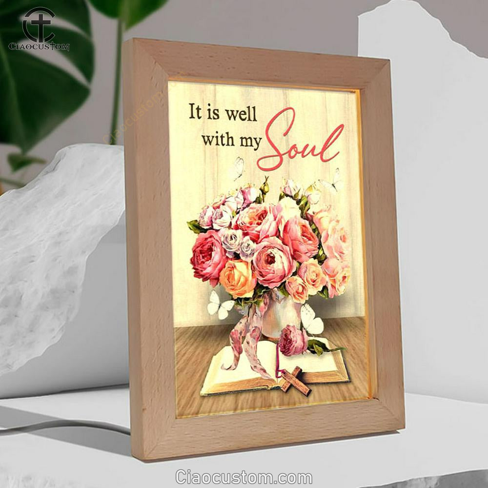 Christian It Is Well With My Soul Roses With Old Bible Book Frame Lamp Prints - Bible Verse Wooden Lamp - Scripture Night Light