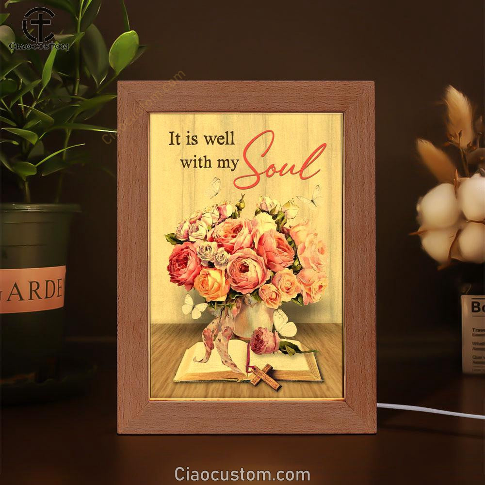 Christian It Is Well With My Soul Roses With Old Bible Book Frame Lamp Prints - Bible Verse Wooden Lamp - Scripture Night Light