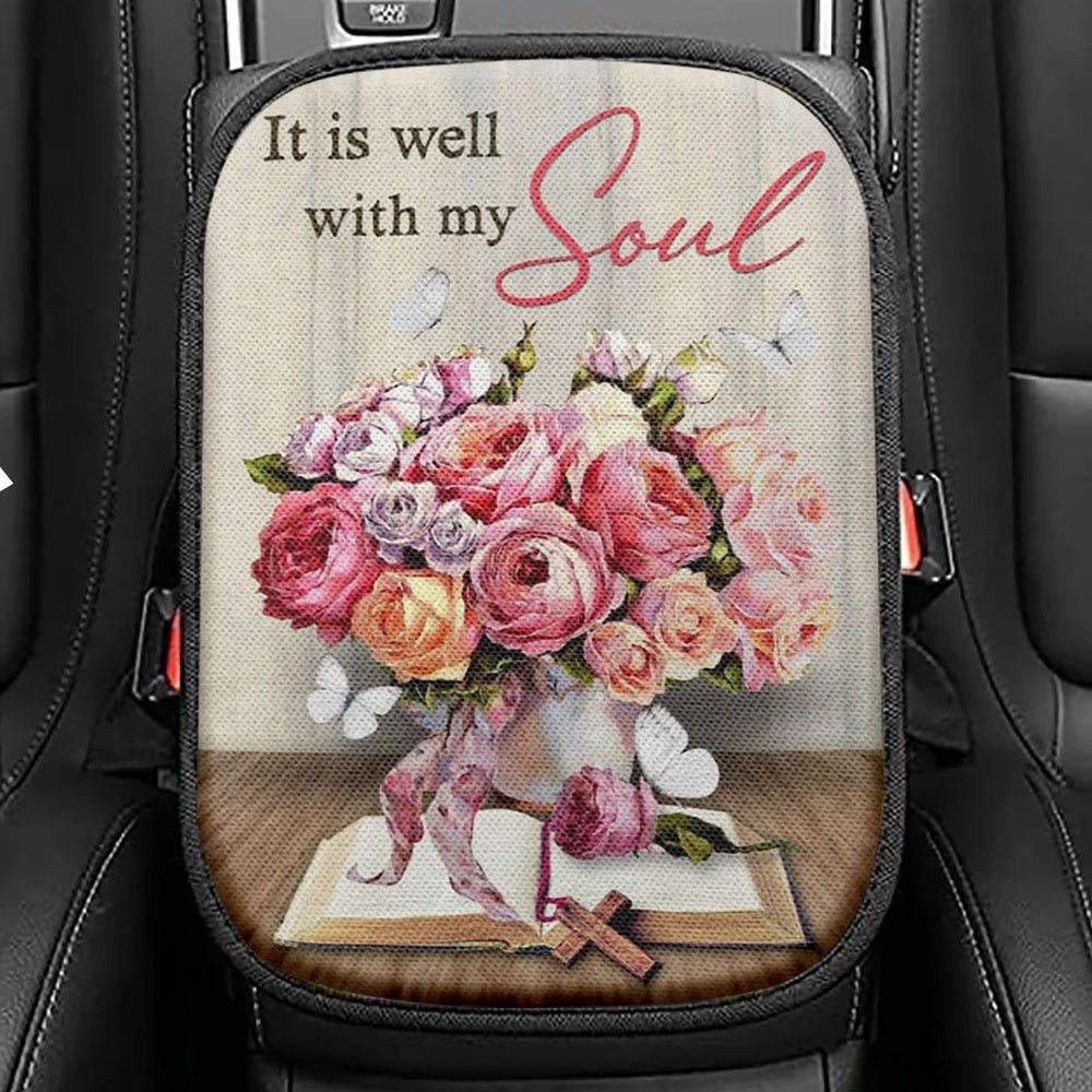 Christian It Is Well With My Soul Roses With Old Bible Book Seat Box Cover, Bible Verse Car Center Console Cover, Scripture Car Interior Accessories