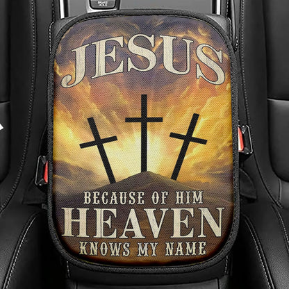 Christian Jesus Because Of Him Heaven Knows My Name Seat Box Cover, Bible Verse Car Center Console Cover, Scripture Car Interior Accessories