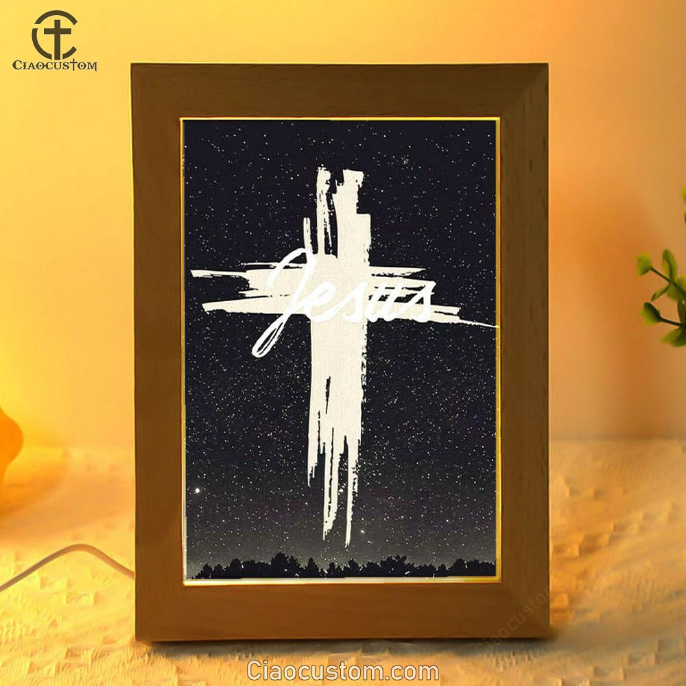 Christian Jesus Word Cross Frame Lamp Prints - Bible Verse Wooden Lamp - Scripture Night Light