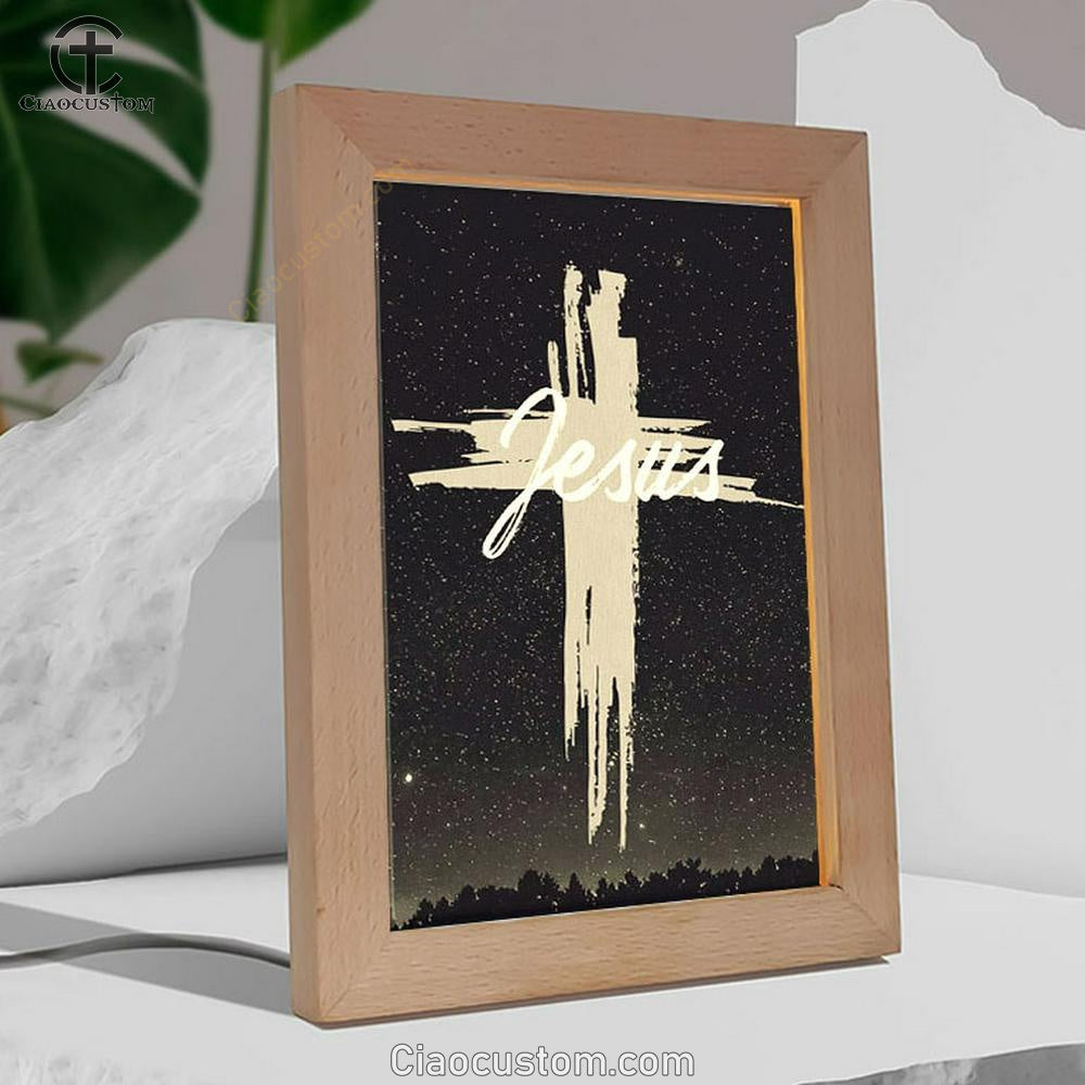 Christian Jesus Word Cross Frame Lamp Prints - Bible Verse Wooden Lamp - Scripture Night Light