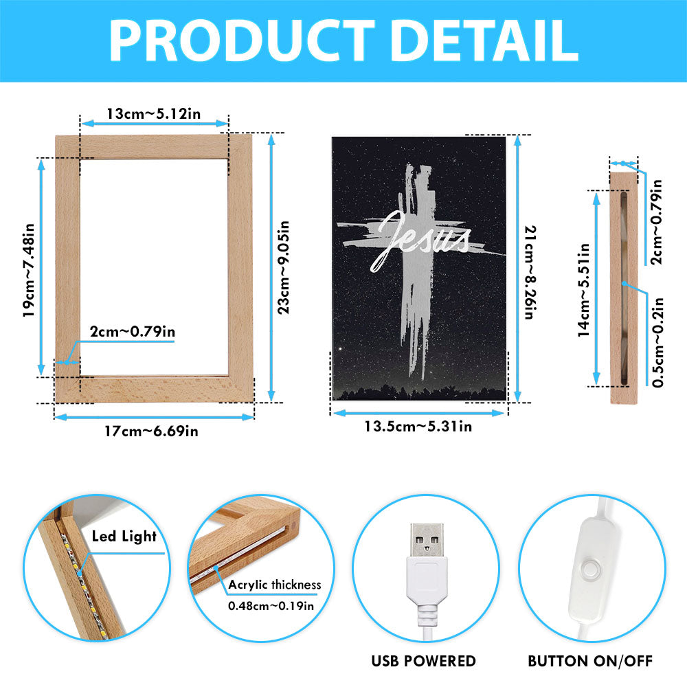 Christian Jesus Word Cross Frame Lamp Prints - Bible Verse Wooden Lamp - Scripture Night Light