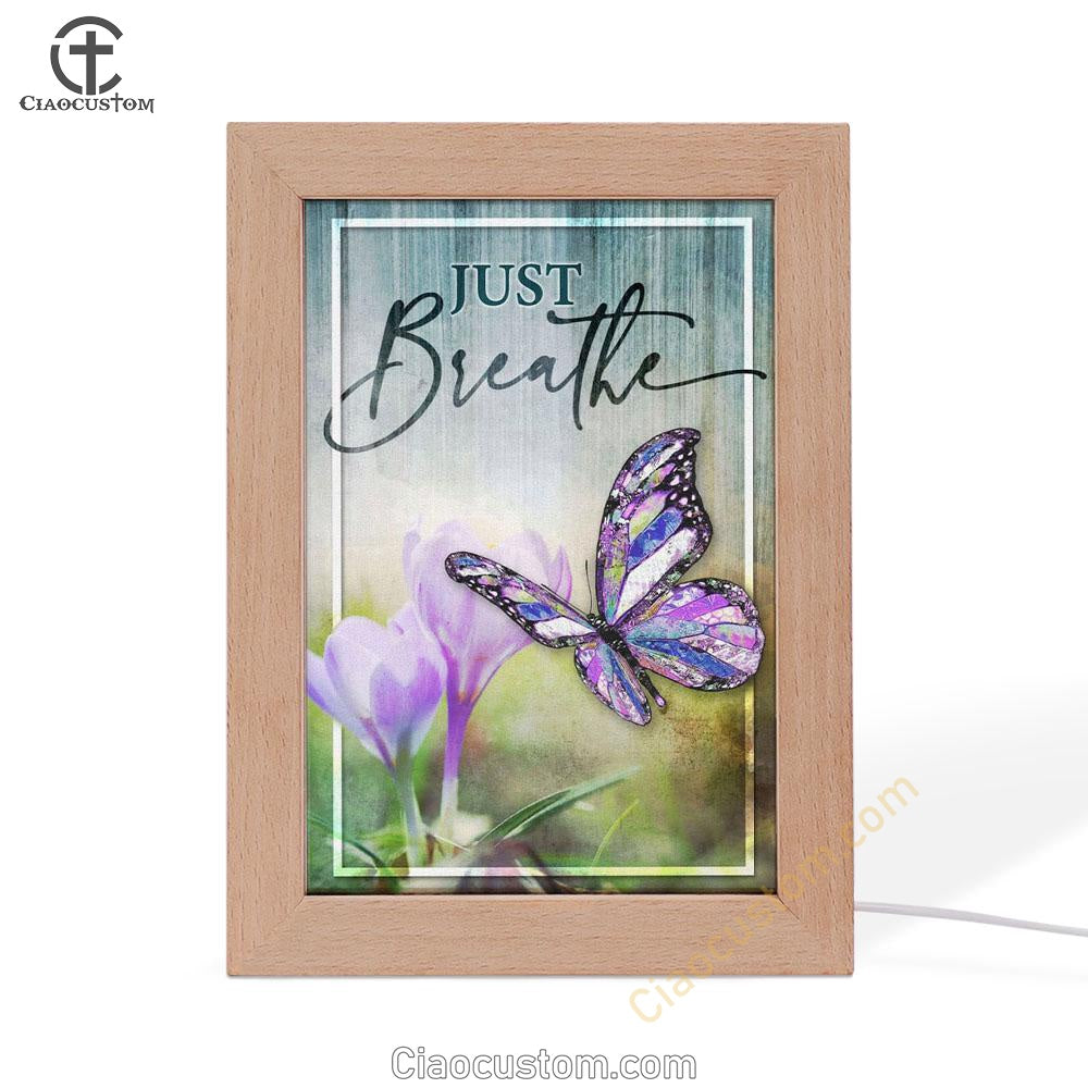 Christian Just Breathe Butterfly Frame Lamp Prints - Bible Verse Wooden Lamp - Scripture Night Light