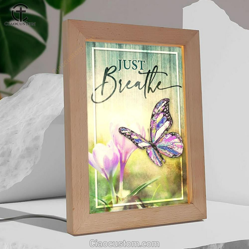 Christian Just Breathe Butterfly Frame Lamp Prints - Bible Verse Wooden Lamp - Scripture Night Light