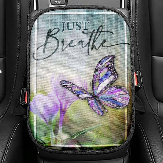 Christian Just Breathe Butterfly Seat Box Cover, Bible Verse Car Center Console Cover, Scripture Car Interior Accessories