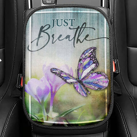 Christian Just Breathe Butterfly Seat Box Cover, Bible Verse Car Center Console Cover, Scripture Interior Car Accessories