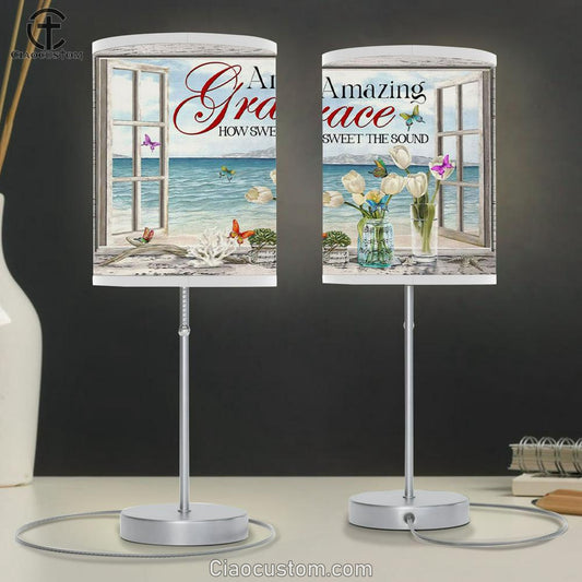 Christian Lamp Art Amazing Grace How Sweet The Sound - Butterflies Table Lamp Print - Christian Room Decor