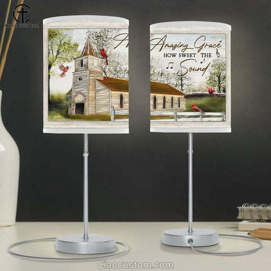 Christian Lamp Art Amazing Grace How Sweet The Sound - Cardinal Bird Church - Table Lamp Print - Christian Room Decor