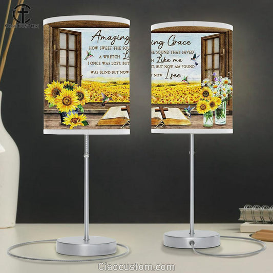 Christian Lamp Art Amazing Grace How Sweet The Sound - Hummingbird Sunflower Table Lamp Print - Christian Room Decor