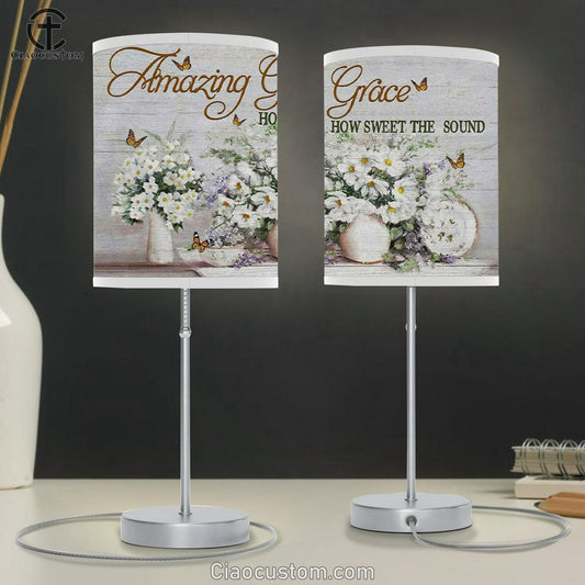 Christian Lamp Art Amazing Grace How Sweet The Sound Butterfly Flowers Table Lamp Print - Christian Room Decor