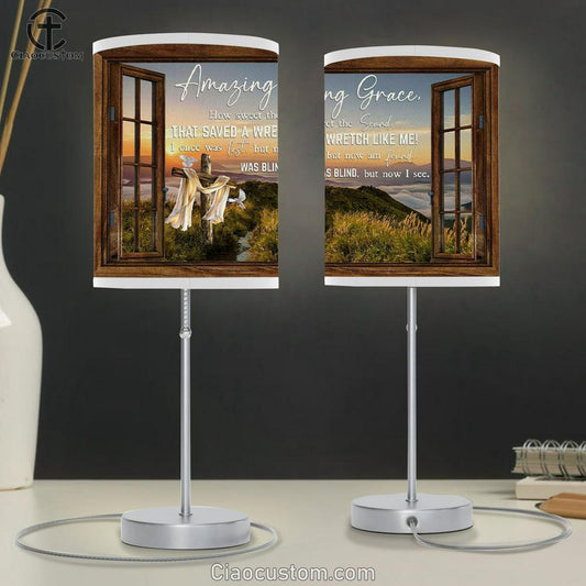Christian Lamp Art Amazing Grace How Sweet The Sound Cross Mountain Table Lamp Print - Christian Room Decor