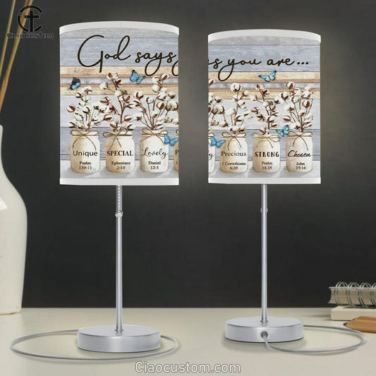 Christian Lamp Art God Says You Are - Cotton Flowers Butterflies Table Lamp Print - Christian Room Decor