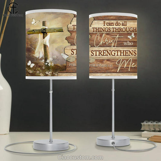 Christian Lamp Art I Can Do All Things Through Christ Butterfly Cross Table Lamp Print - Christian Room Decor
