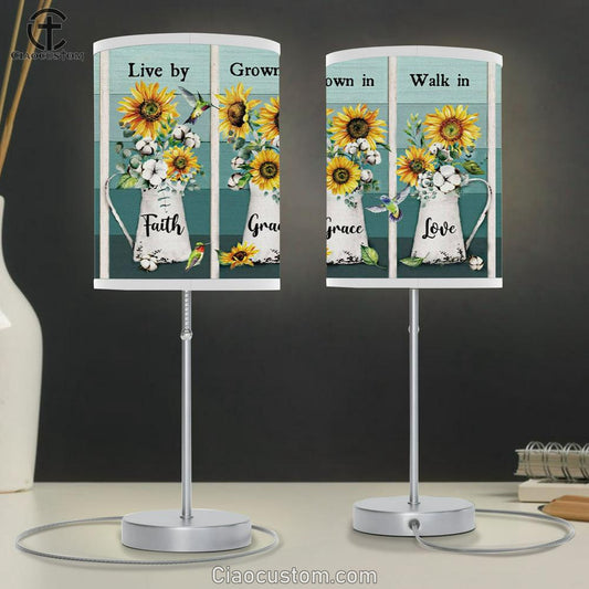 Christian Lamp Art Live By Faith Grow In Grace Walk In Love - Hummingbird Sunflower Table Lamp Print - Christian Room Decor