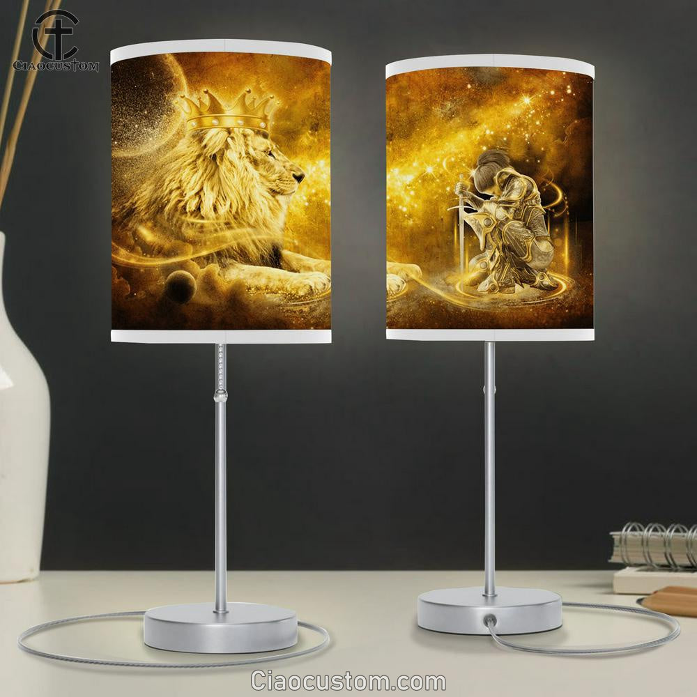 Christian Lion And Female Warrior Knight Of God Large Table Lamp Art - Christian Lamp Art Home Decor - Religious Table Lamp Prints