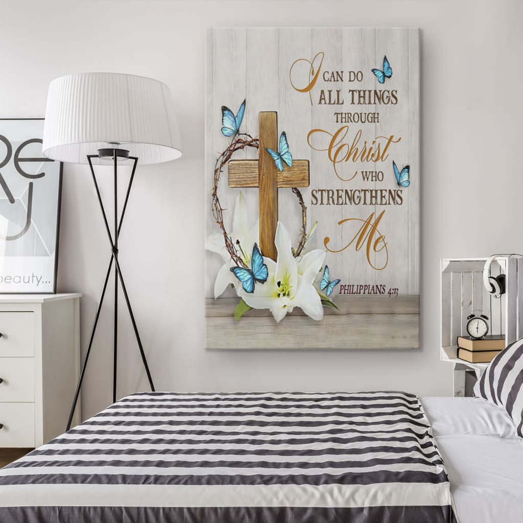 Christian Philippians 413 Nkjv Wooden Cross Lily Flower Butterflies Canvas Art - Bible Verse Canvas - Scripture Wall Art