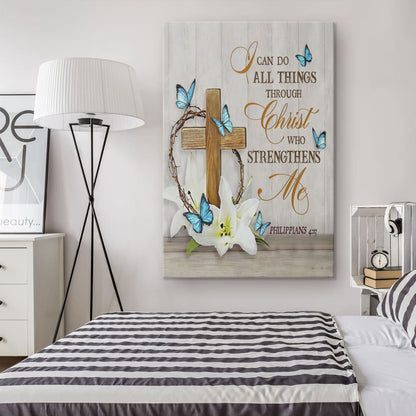 Christian Philippians 413 Nkjv Wooden Cross Lily Flower Butterflies Canvas Art - Bible Verse Canvas - Scripture Wall Art