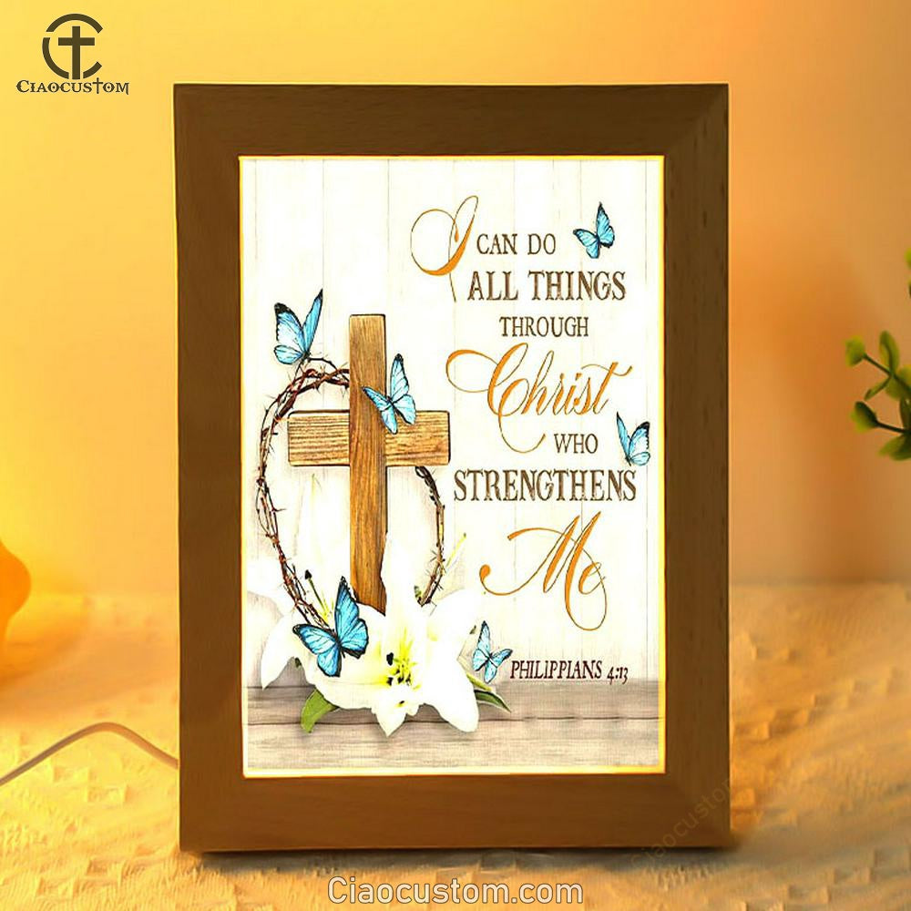 Christian Philippians 413 Nkjv Wooden Cross Lily Flower Butterflies Frame Lamp Prints - Bible Verse Wooden Lamp - Scripture Night Light