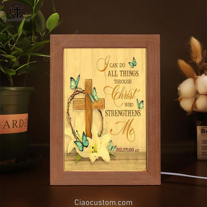 Christian Philippians 413 Nkjv Wooden Cross Lily Flower Butterflies Frame Lamp Prints - Bible Verse Wooden Lamp - Scripture Night Light