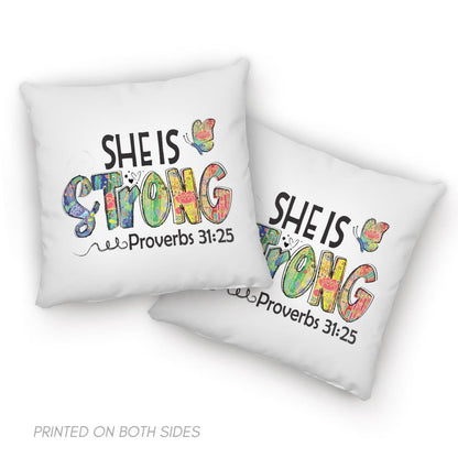 Christian Pillow, She Is Strong Proverbs 3125, Butterfly