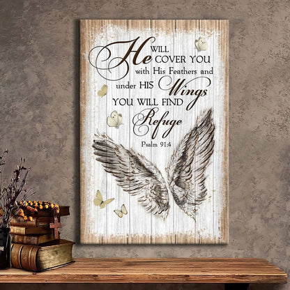Christian Psalm 914 He Will Cover You With His Feathers Canvas Art - Bible Verse Canvas - Scripture Wall Art