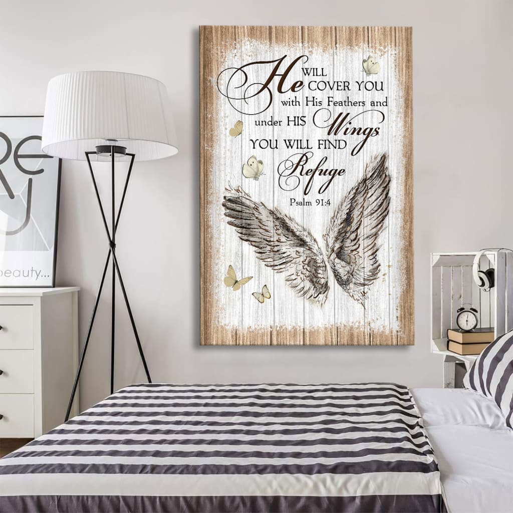 Christian Psalm 914 He Will Cover You With His Feathers Canvas Art - Bible Verse Canvas - Scripture Wall Art