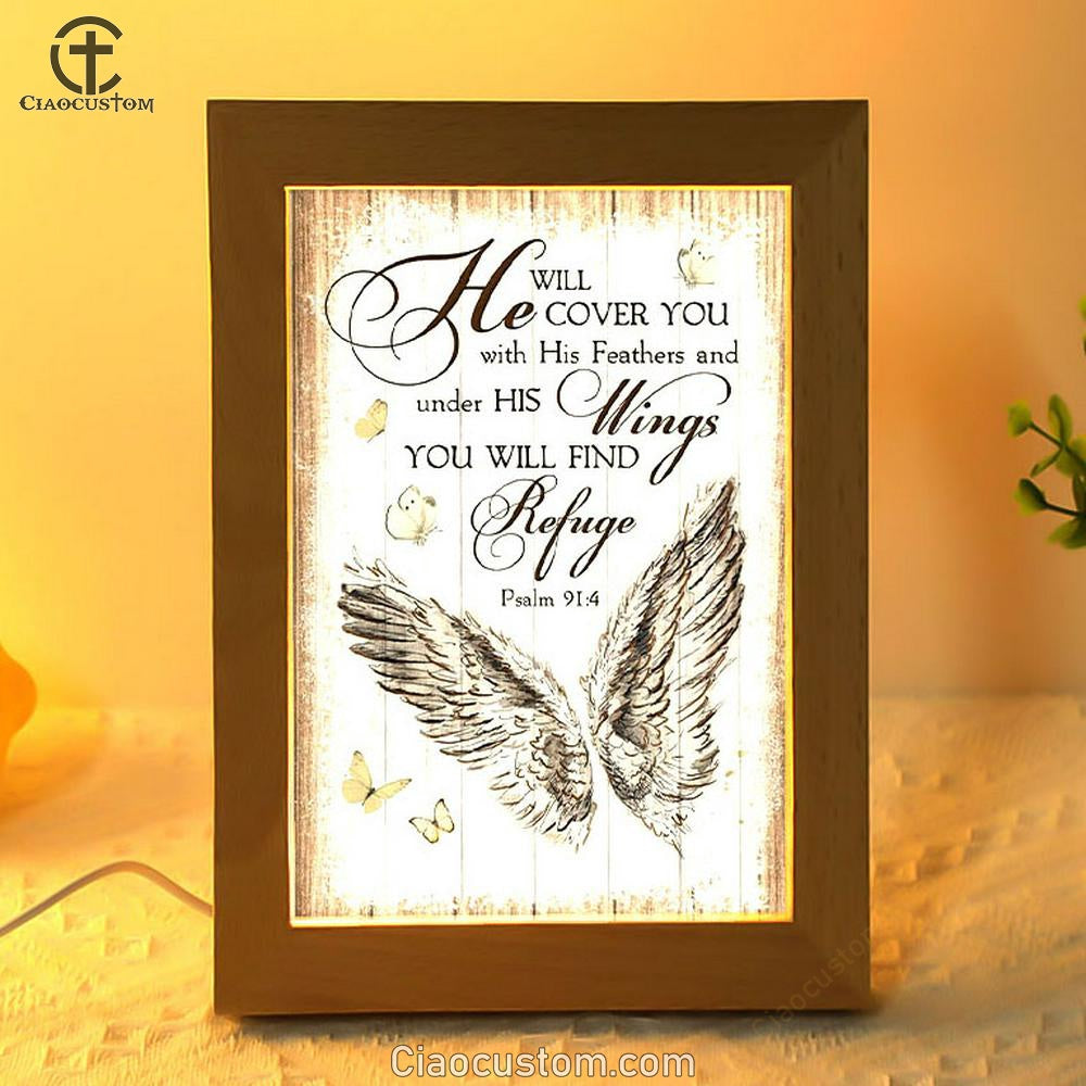 Christian Psalm 914 He Will Cover You With His Feathers Frame Lamp Prints - Bible Verse Wooden Lamp - Scripture Night Light