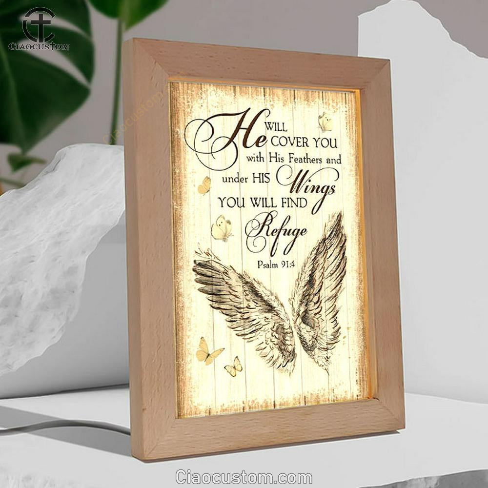 Christian Psalm 914 He Will Cover You With His Feathers Frame Lamp Prints - Bible Verse Wooden Lamp - Scripture Night Light