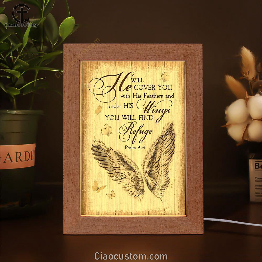 Christian Psalm 914 He Will Cover You With His Feathers Frame Lamp Prints - Bible Verse Wooden Lamp - Scripture Night Light