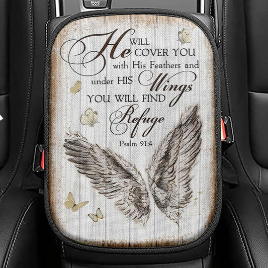 Christian Psalm 914 He Will Cover You With His Feathers Seat Box Cover, Bible Verse Car Center Console Cover, Scripture Car Interior Accessories