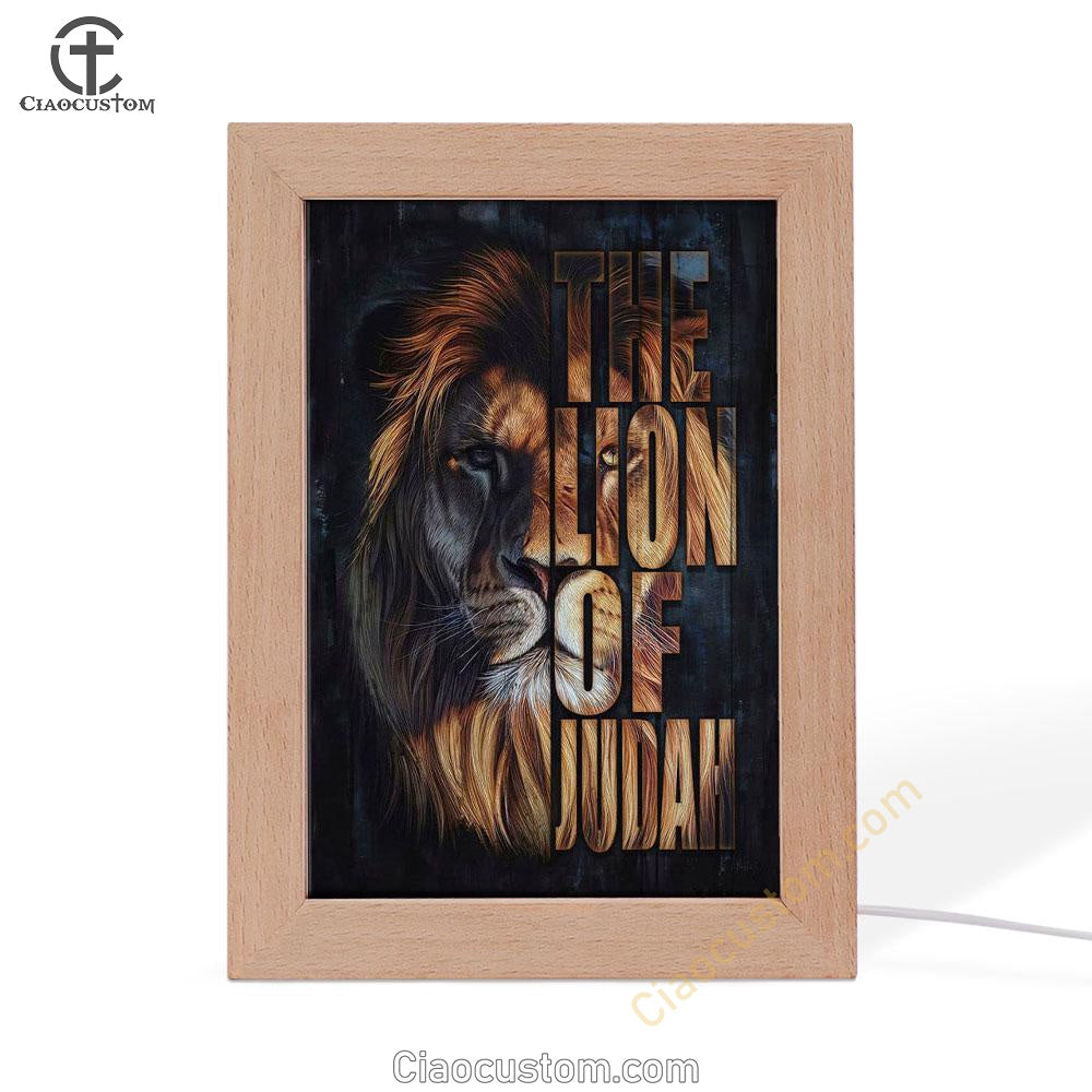 Christian The Lion Of Judah Picture Frame Lamp Prints - Bible Verse Wooden Lamp - Scripture Night Light