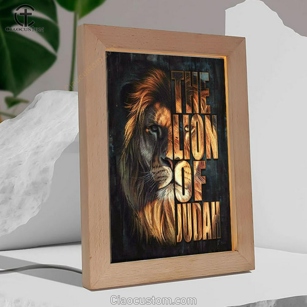 Christian The Lion Of Judah Picture Frame Lamp Prints - Bible Verse Wooden Lamp - Scripture Night Light